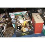 TWO BOXES AND LOOSE SUNDRY ITEMS, to include two boxes records, companion set, barometer, clocks,