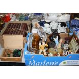 FOUR BOXES SUNDRIES, to include boxed chess set, books, novelty golfing items, teawares etc