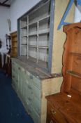 A LARGE LATE 19TH/EARLY 20TH CENTURY PAINTED PINE HOUSEKEEPERS CUPBOARD, the top section has three