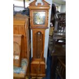 A PINE GRANDMOTHER CLOCK, approximate height 176cm (three weights and a pendulum)