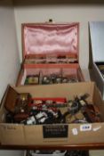 A JEWELLERY BOX AND BOX OF MIXED COSTUME JEWELLERY, including silver pocket watch etc (sd)