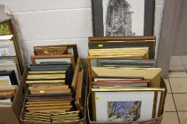 PAINTINGS AND PRINTS, two boxes of assorted paintings and prints including an oil on board of a