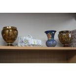 A PAIR OF ZSOLNAY POTTERY VASES, (both chipped), a Royal Doulton vase and a Carlton ware cheese dish