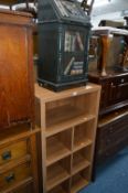 A MODERN OPEN BOOKCASE, pine occasional table, smokers stand, piano stool, footstool etc (7)