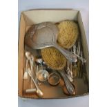 A BOX OF ASSORTED SILVER AND PLATE, including dressing table set, napkin rings, etc