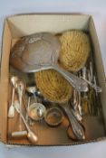 A BOX OF ASSORTED SILVER AND PLATE, including dressing table set, napkin rings, etc