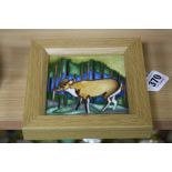 A MOORCROFT POTTERY FRAMED SQUARE PLAQUE, Deer in Woodland, impressed marks and painted 'Trial 17-