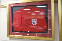 A FRAMED SIGNED ENGLAND 1966 REPLICA SHIRT, possibly Martin Peters and Geoff Hurst