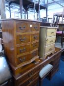 A SMALL YEW WOOD CHEST, of four drawers, a pine three drawer bedside chest, (sd) (2)