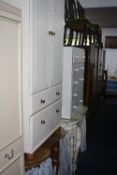 TWO KIDNEY SHAPED DRESSING TABLES, a modern painted gentlemans wardrobe and a chest of drawers (4)