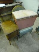 A LLOYD LOOM BEDROOM CHAIR, linen box and a retro sewing box (3)