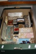 A LARGE BOX OF MIXED COSTUME JEWELLERY, etc