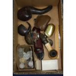 A MIXED LOT, to include Meercham pipes, spectacles, whistle, brooches, coins etc