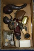 A MIXED LOT, to include Meercham pipes, spectacles, whistle, brooches, coins etc