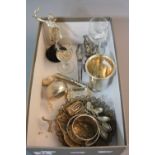 A BOX OF WHITE METAL, STERLING SILVER AND PLATE, including a beaker, a filigree dish, etc