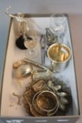 A BOX OF WHITE METAL, STERLING SILVER AND PLATE, including a beaker, a filigree dish, etc