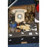 A BOX OF SUNDRIES, to include cutlery, telephone, glass dishes, etc