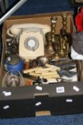 A BOX OF SUNDRIES, to include cutlery, telephone, glass dishes, etc