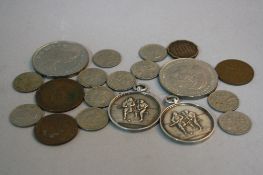 A MIXED LOT, to include two silver hockey medals, six pences, etc
