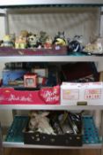 FOUR BOXES AND LOOSE SUNDRY ITEMS, to include ornaments, novelty teapots, games, books (all monies