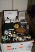 A BOX OF MIXED COSTUME JEWELLERY, to include watches, coins, etc
