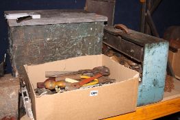 A WOODEN TOOL BOX, a box containing various vintage hand tools and log box