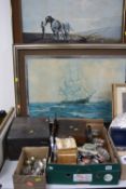 TWO BOXES AND LOOSE SUNDRY ITEMS, pictures, clock, work boxes, cutlery, barometers, pictures etc