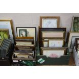PAINTINGS AND PRINTS, two boxes of watercolours, prints, needlework picture etc includes