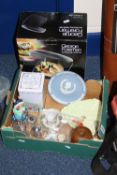 A BOX AND LOOSE SUNDRIES, to include costume jewellery, ceramics, George Foreman grill, Indian