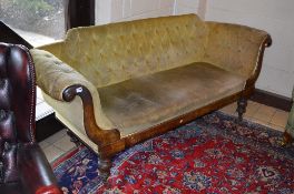 A VICTORIAN WALNUT BUTTONED THREE SEATER SOFA, with scroll ended arms raised, turned feet and