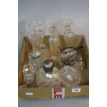 A SMALL COLLECTION OF GLASSWARE, including silver topped scent bottle