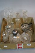 A SMALL COLLECTION OF GLASSWARE, including silver topped scent bottle