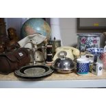 VARIOUS SUNDRIES, to include green bowls, globe, telephone, plated wares etc