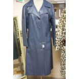 A LADIES BLUE LEATHER FULL LENGTH COAT, with original receipt from 1979 (cost £79)