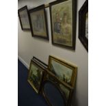 PRINTS AND MIRRORS, two mirrors and nine large prints, including countryside, polo and royalty