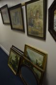 PRINTS AND MIRRORS, two mirrors and nine large prints, including countryside, polo and royalty