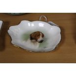 A MINTONS TRINKET DISH, with a picture of a hound by J E Dean, gilt edging, approximate length 13.