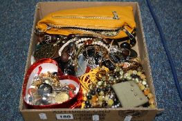 A BOX OF MIXED COSTUME JEWELLERY, etc