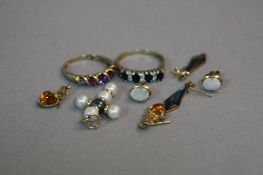 THREE PAIRS OF 9CT EARRINGS and a 9ct pearl set cross and two 9ct dress rings