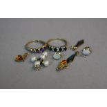 THREE PAIRS OF 9CT EARRINGS and a 9ct pearl set cross and two 9ct dress rings
