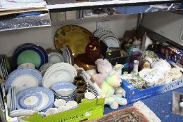 FOUR BOXES AND LOOSE CERAMICS, GLASS, SOFT TOYS, GAME ETC, to include Wedgwood Jasperware Ginger