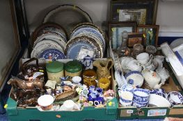 THREE BOXES AND LOOSE CERAMICS, Glass, pictures etc, to include Wade, Beswick, bargeware teapot