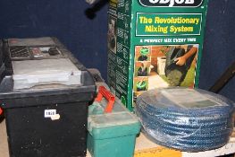 THREE VARIOUS PLASTIC TOOL BOXES containing hand tools, garden hose, etc (5)