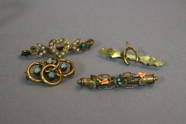 A COLLECTION OF EARLY 20TH CENTURY BROOCHES, to include a four stone opal, open interlinked circle