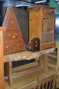 A QUANTITY OF MISCELLANEOUS FURNITURE, to include pine bedside unit, rustic coffee table, two