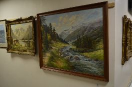 MAX LOBEL (CONTINENTAL 20TH CENTURY), Mountainous river landscape, oil on canvas, signed lower