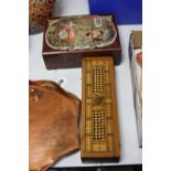 AN EDWARDIAN SEWING BOX, with decorative scene of children in orchard, together with an inlaid