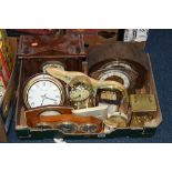 A BOX OF VARIOUS CLOCKS AND TIMEPIECES, BAROMETERS ETC