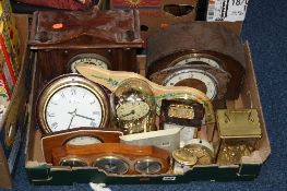 A BOX OF VARIOUS CLOCKS AND TIMEPIECES, BAROMETERS ETC