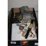 A BOX OF MIXED COSTUME JEWELLERY, coins etc